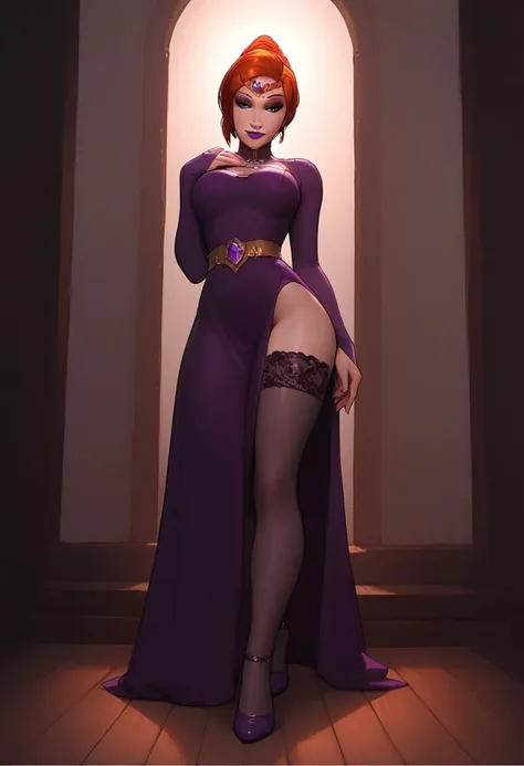 masterpiece, best quality, highly detailed, score_9, score_8_up, score_7_up, score_6_up, source_cartoon, 
BREAK, 1girl, dynamic angle, assumi, red hair, short hair, single hair bun, full lips, purple lipstick, makeup, bedroom, floor length purple gown, split up the side, thigh-highs, small tiara, full length shot, standing in doorway, seductive smile