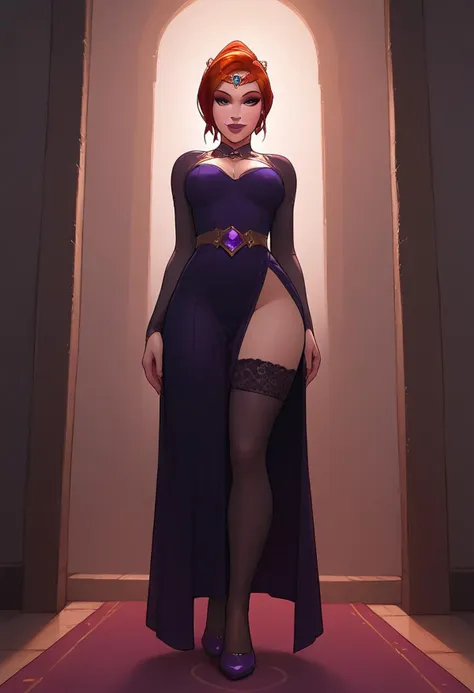 masterpiece, best quality, highly detailed, score_9, score_8_up, score_7_up, score_6_up, source_cartoon, 
BREAK, 1girl, dynamic angle, assumi, red hair, short hair, single hair bun, full lips, purple lipstick, makeup, bedroom, purple floor length gown, split up the side, thigh-highs, small tiara, full length shot, standing in doorway, seductive smile