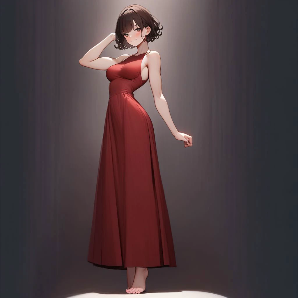 masterpiece, best quality,
1 tall woman, short haircut, ((bombshell curly hair,Lob Cut, bombshell hair, cosmic deep color:brown hair, pixie cut,)), brown curly hair, earrings, ((full-body shot)), long intense red tight dress, dynamic_pose,  lipstick, makeup, solo, looking at viewer, simple background, (((full body))), feet on frame, side angle view, [:formal costume design,:0.2],  toned body, athletic build, narrow waist, medium breasts, ankle-length red dress, blush, naughty smile,