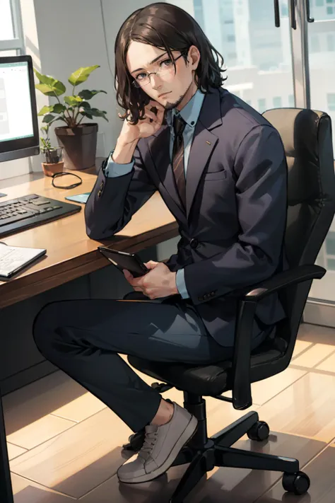 masterpiece, 1boy, sitting, looking at viewer, expressionless, head on hand,<lora:ZenkichiP5S:0.8> defZenkichi, glasses, beard, formal, suit, jacket, necktie, pants, sneakers, indoors, office, desk, office chair, computer