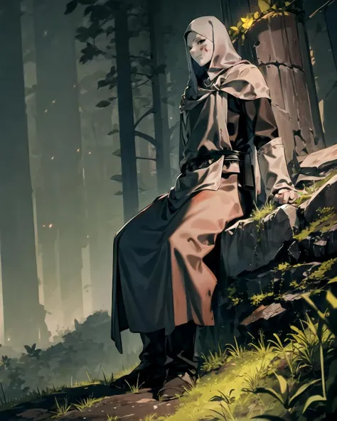 man, mask, detailed, sitting, arms behind back, White_Mask_Varre, forest, nature, night, <lora:White_Mask_Varre:0.8>
