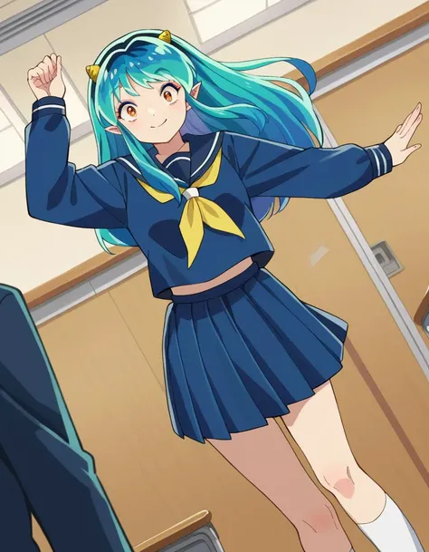 score_9, score_8_up, score_7_up, source_anime,
uruseiyatsuralum, <lora:lum-ponyxl-lora-nochekaiser:1>,
lum, long hair, bangs, blue hair, orange eyes, horns, pointy ears, aqua hair, oni horns, eyeshadow,
shirt, long sleeves, school uniform, serafuku, sailor collar, neckerchief, yellow neckerchief, shirt, blue shirt, blue sailor collar, blue skirt,
indoors, classroom, flying, smile,
looking at viewer, cowboy shot, dutch angle,