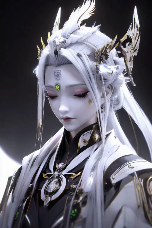 anime game, close up, (1girl), a beautiful woman with white face and white hair in a braid and red forehead ribbon, she is wearing a white futuristic darkness god radiance god mech armor burning and smoking destroyed radiance boss golden Titan Cyberpunk Venom Evangelion mech wreck with red trim, she is standing, sunlit, weak lights and shadows, tree canopy