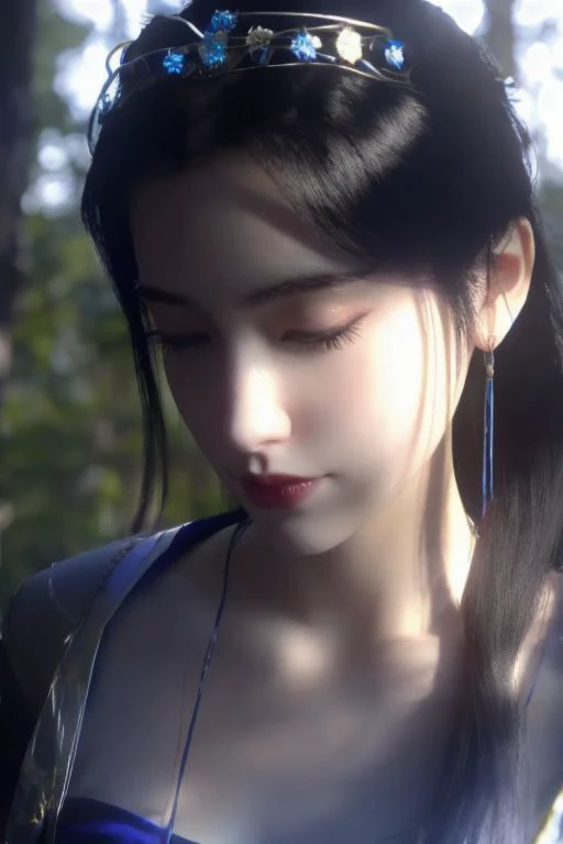 1girl, beautiful woman, dark blue see-through dress, perfect beautiful fake breasts, she is Camping near Rocky River, glass, sunlit, weak light and shadow, she is wearing (blue see-through dress), transparent see-through dress,,glitter, glow, blue see-through dress, close up, sunlit, weak light and shadow under tree canopy