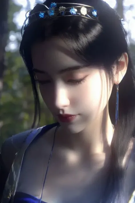 1girl, beautiful woman, dark blue see-through dress, perfect beautiful fake breasts, she is Camping near Rocky River, glass, sunlit, weak light and shadow, she is wearing (blue see-through dress), transparent see-through dress,,glitter, glow, blue see-through dress, close up, sunlit, weak light and shadow under tree canopy