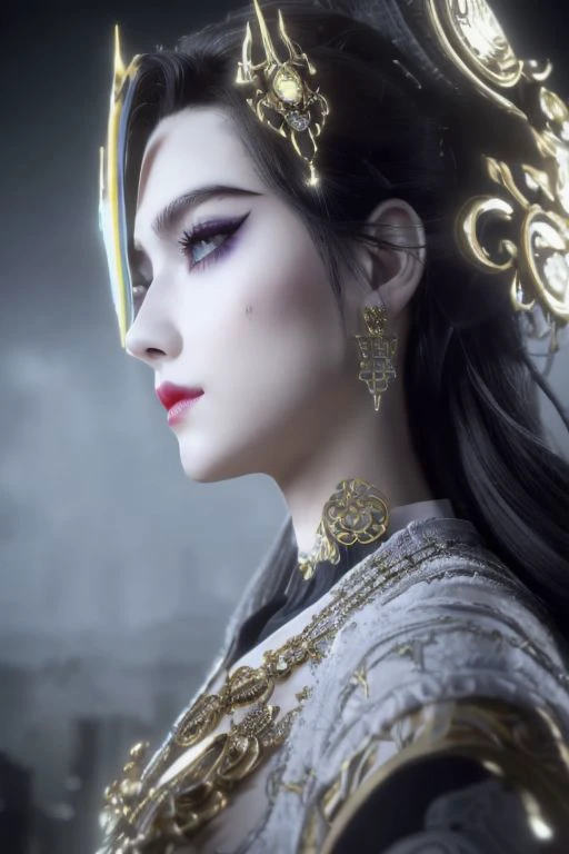 RAW, Masterpiece, Super Fine Photo,, Best Quality, Ultra High Resolution, Photorealistic Photorealism, Sunlight, Full Body Portrait, Amazing Beauty,,Dynamic Pose,Delicate Face,Vibrant Eyes,(From the side), She Wears Futuristic Iron Man ultron deux machina, deus god Mech, Glow and Gold Color Scheme, Detailed Face, Detailed Complex Busy Background, Messy, Gorgeous, Milky White, Highly Detailed Skin, Realistic Skin Details, Visible Pores, Sharp Focus, Volumetric Fog, 8K UHD, DSLR, High Quality, Film grain, fair skin, photorealism, lomography, sprawling golden metropolis in futuristic dystopia, seen from below, translucent daemon, sea of daisy flowers, Futuristic luxurious, Gold Saint and Holy Soul Brightness Spirit Flow palace, blue:1.03 tattoo:1.09 glow:1.07 black hollow:1.04 MASK:1.05 ,black:1.02 lips, ultra-violet eyes, yellow:1.02 glow:1.025 fire:1.03 stigmata:1.06 face, glow light golden eyelash:1.04, open eyes, looking viewer
