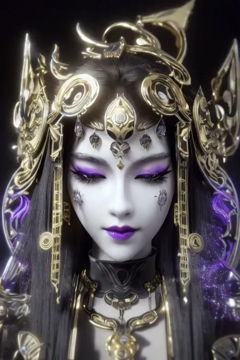 RAW, Masterpiece, Super Fine Photo,, Best Quality, Ultra High Resolution, Photorealistic Photorealism, Sunlight, Full Body Portrait, Amazing Beauty,,Dynamic Pose,Delicate Face,Vibrant Eyes,(From the side), She Wears Futuristic Iron Man ultron deux machina, deus god Mech, Glow and Gold Color Scheme, Detailed Face, Detailed Complex Busy Background, Messy, Gorgeous, Milky White, Highly Detailed Skin, Realistic Skin Details, Visible Pores, Sharp Focus, Volumetric Fog, 8K UHD, DSLR, High Quality, Film grain, fair skin, photorealism, lomography, sprawling golden metropolis in futuristic dystopia, seen from below, translucent daemon, sea of daisy flowers, Futuristic luxurious, Gold Saint and Holy Soul Brightness Spirit Flow palace, Indigo tattoo glow black hollow MASK: ,black lips, ultra-violet eyes, yellow glow fire stigmata face, glow light golden: eyelash, open eyes, looking viewer