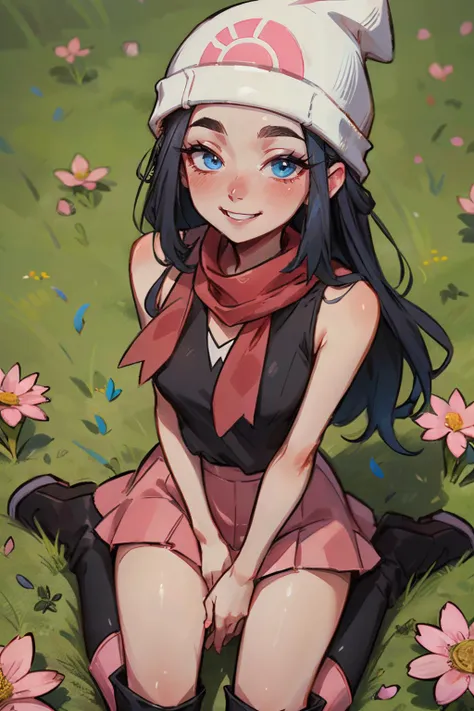 dawn pokemon, long blue hair, blue eyes, beanie, hairpin, black shirt, sleeveless, pink skirt, red scarf, pink boots, looking at viewer, smiling, happy, blush, sitting, wariza, from_above, on grass, flowers, sunny, high quality, masterpiece <lora:dawn_v2:.8>