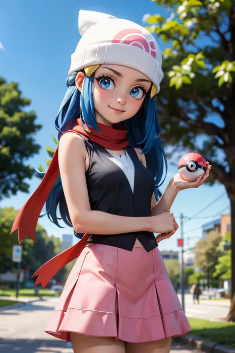 pkmndawn, 1girl, solo, blue eyes, blue hair, long hair, sidelocks, hairclip, beanie,
black dress, sleeveless, pink skirt, scarf,
naughty face,smile,closed mouth,cowboy shot,sitting,
forest,outdoor,
(insanely detailed, beautiful detailed face, masterpiece, best quality) cinematic lighting,<lora:PKMN_Dawn_v1:1>, <lora:more_details:0.3>,