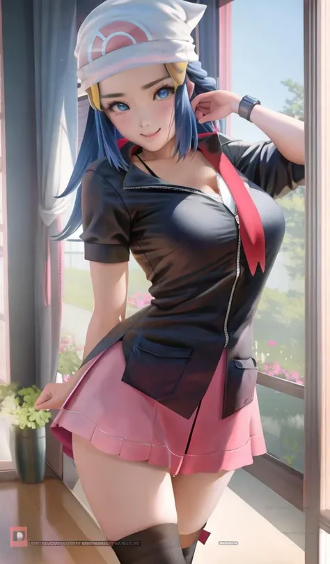 sakimichan, masterpiece, best quality, perfect antomy, perfect hand, indoors, 8k, 4k, photorealism, extremely detailed UHD wallpaper, real skin texture, visible pores, hyper detailed, official art, dynamic pose, hyper focus, 100mm lens, 5 fingers dawn\(pokemon\), 1girl, big breasts, solo, black shirt, long hair, smile, beanie, looking at viewer, hair ornament, arms behind back, blush, hairclip, collarbone, blue hair, blue eyes, no skirt,red scarf ,thighhighs, <lora:dawn-000003:1>
