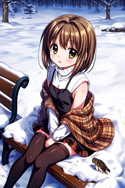 ultra-detailed,masterpiece,best quality,1girl,snow,bench,sitting,from above,misaka shiori,(black dress over white turtleneck, brown plaid shawl), black stockings,shy <lora:add_detail:1.2> <lora:misaka shiori:0.7>