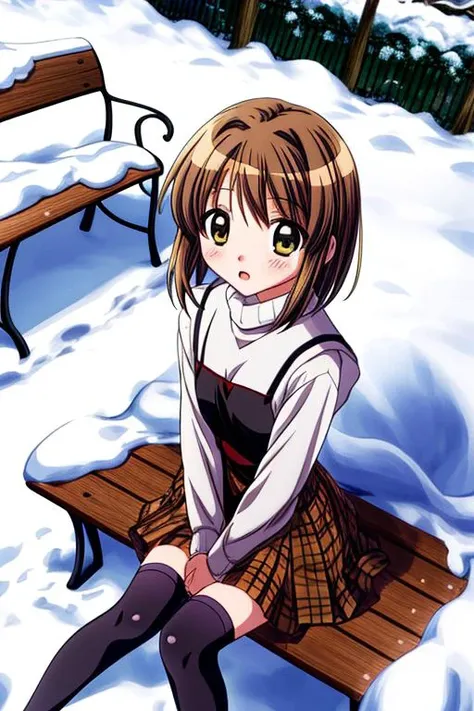 anime screencap,ultra-detailed,masterpiece,best quality,1girl,snow,bench,school garden,dutch angle,from above,sitting,misaka shiori,black dress over white turtleneck, brown plaid shawl, black stockings,shy <lora:add_detail:1> <lora:misaka shiori:0.8>