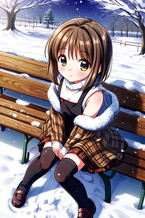 ultra-detailed,masterpiece,best quality,1girl,snow,bench,sitting,from above,misaka shiori,(black dress over white turtleneck, brown plaid shawl), black stockings,shy <lora:add_detail:1.2> <lora:misaka shiori:0.7>