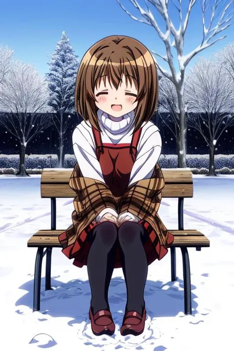 anime screencap,ultra-detailed,masterpiece,best quality,1girl,snow,bench,school garden,sitting,misaka shiori,smile,closed eyes,black dress over white turtleneck, brown plaid shawl, black stockings,shy <lora:add_detail:1> <lora:misaka shiori:0.8>