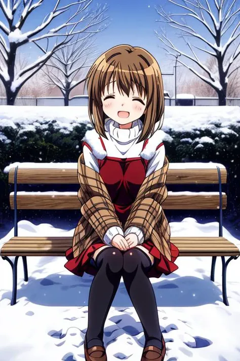 anime screencap,ultra-detailed,masterpiece,best quality,1girl,snow,bench,school garden,sitting,misaka shiori,smile,closed eyes,black dress over white turtleneck, brown plaid shawl, black stockings,shy <lora:add_detail:1> <lora:misaka shiori:0.8>