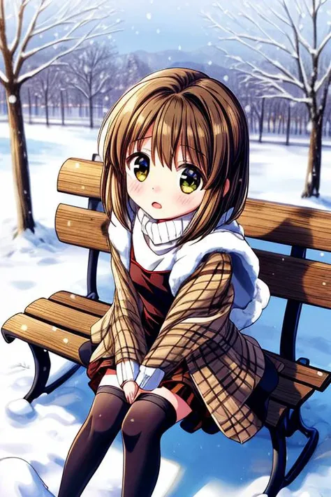 ultra-detailed,masterpiece,best quality,1girl,snow,bench,sitting,from above,misaka shiori,(black dress over white turtleneck, brown plaid shawl), black stockings,shy <lora:add_detail:1.2> <lora:misaka shiori:0.7>