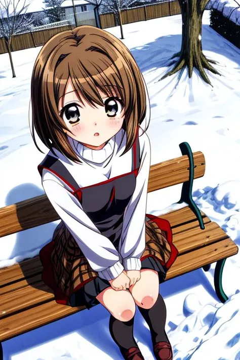 anime screencap,ultra-detailed,masterpiece,best quality,1girl,snow,bench,school garden,dutch angle,from above,sitting,misaka shiori,black dress over white turtleneck, brown plaid shawl, black stockings,shy <lora:add_detail:1> <lora:misaka shiori:0.8>