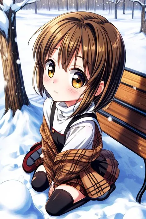 ultra-detailed,masterpiece,best quality,1girl,snow,bench,sitting,from above,misaka shiori,(black dress over white turtleneck, brown plaid shawl), black stockings,shy <lora:add_detail:1.2> <lora:misaka shiori:0.7>