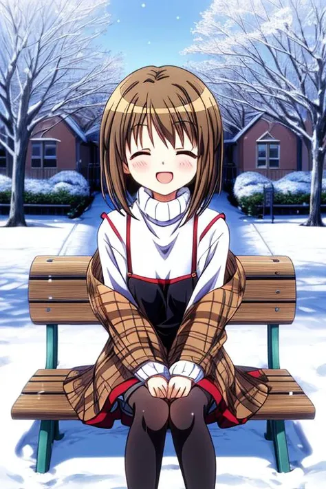 anime screencap,ultra-detailed,masterpiece,best quality,1girl,snow,bench,school garden,sitting,misaka shiori,smile,closed eyes,black dress over white turtleneck, brown plaid shawl, black stockings,shy <lora:add_detail:1> <lora:misaka shiori:0.8>