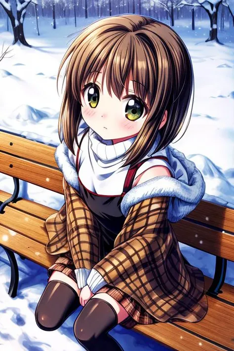 ultra-detailed,masterpiece,best quality,1girl,snow,bench,sitting,from above,misaka shiori,(black dress over white turtleneck, brown plaid shawl), black stockings,shy <lora:add_detail:1.2> <lora:misaka shiori:0.7>