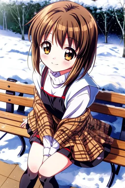 anime screencap,ultra-detailed,masterpiece,best quality,1girl,snow,bench,school garden,dutch angle,from above,close up,smile,sitting,misaka shiori,black dress over white turtleneck, (brown plaid shawl), black stockings,shy <lora:add_detail:1> <lora:misaka shiori:0.8>