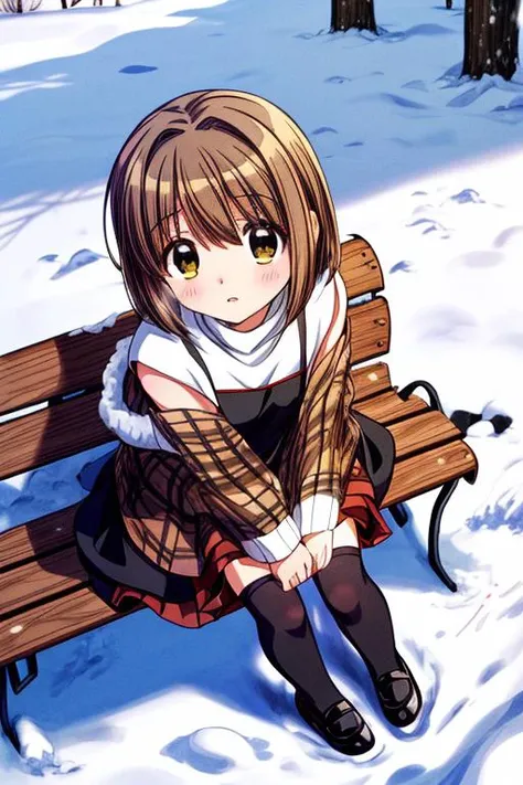 ultra-detailed,masterpiece,best quality,1girl,snow,bench,sitting,from above,misaka shiori,(black dress over white turtleneck, brown plaid shawl), black stockings,shy <lora:add_detail:1.2> <lora:misaka shiori:0.7>