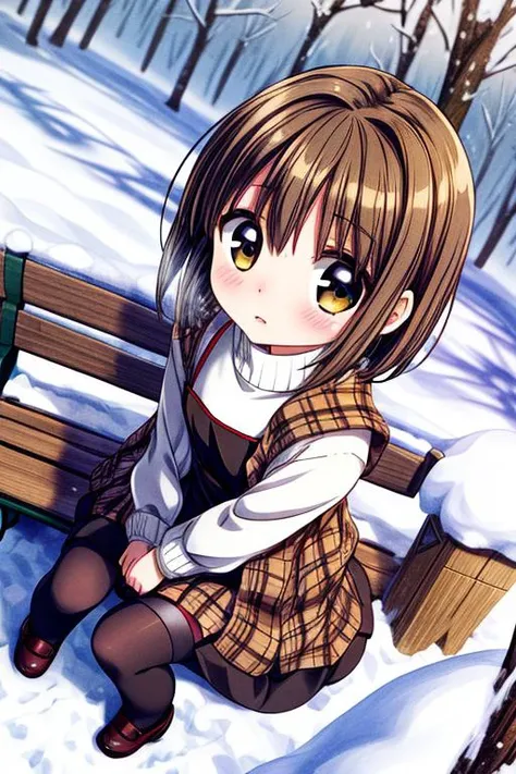 ultra-detailed,masterpiece,best quality,1girl,snow,bench,sitting,from above,misaka shiori,(black dress over white turtleneck, brown plaid shawl), black stockings,shy <lora:add_detail:1.2> <lora:misaka shiori:0.7>