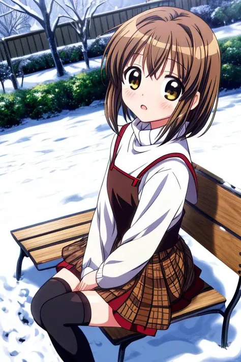anime screencap,ultra-detailed,masterpiece,best quality,1girl,snow,bench,school garden,dutch angle,sitting,misaka shiori,black dress over white turtleneck, brown plaid shawl, black stockings,shy <lora:add_detail:1> <lora:misaka shiori:0.8>