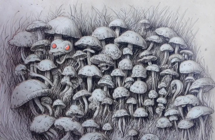 detailed drawing of mushrooms, eyes, teeth, crazy, hallucinations p1xslavicbeasts black and white lineart