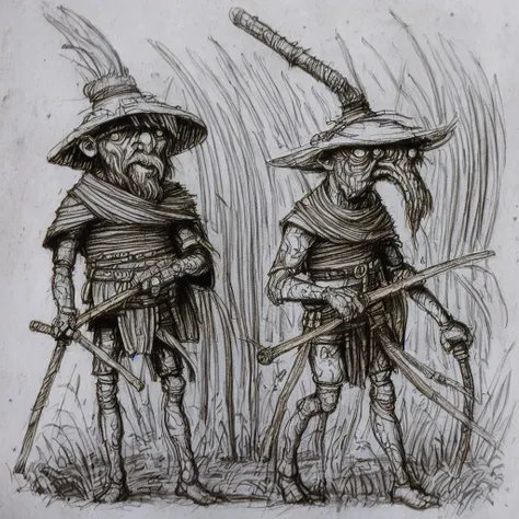 detailed drawing portrait of a shaman with staff in a forest p1xslavicbeasts black and white lineart, standing pose