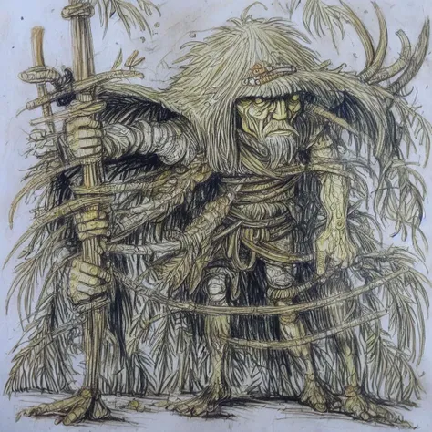 detailed drawing portrait of a shaman with staff in a forest p1xslavicbeastscolor lineart, standing pose