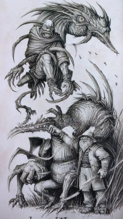 drawing characters portrait beast, grass p1xslavicbeasts, black and white, lineart, on white paper, full body