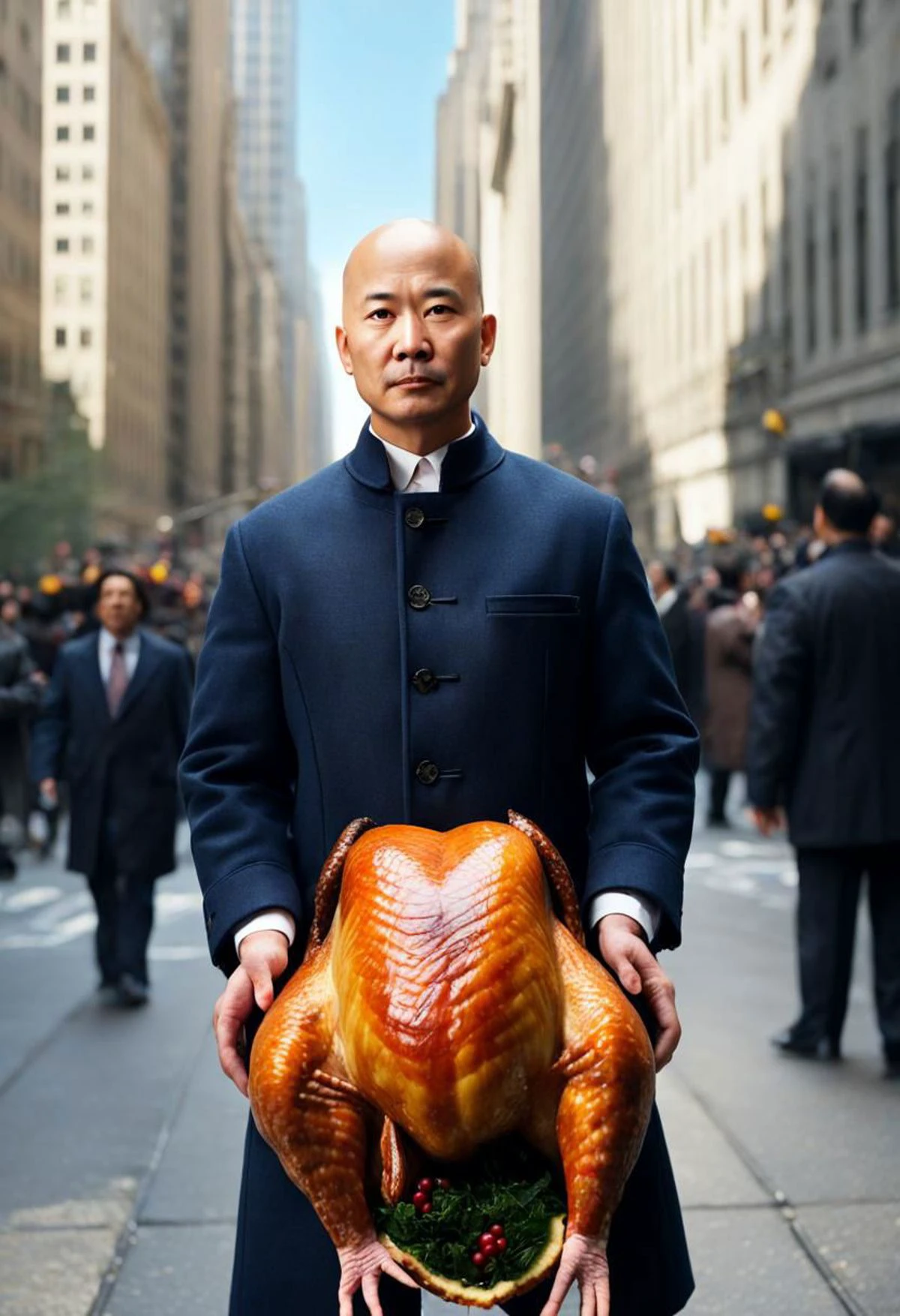 asian man age 40 (bald) stands , in the middle of a wall street, holding thanksgiving turkey, blue sky, thanksgiving, 80s advertising, haze-light-1800, cinematic lighting, shot on 16mm camera, <lora:Elixir:1> <lora:epiCRealismHelper:1> <lora:epi_noiseoffset2:0.6> epiCPhoto