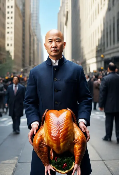 asian man age 40 (bald) stands , in the middle of a wall street, holding thanksgiving turkey, blue sky, thanksgiving, 80s advertising,  haze-light-1800, cinematic lighting, shot on 16mm camera, <lora:Elixir:1> <lora:epiCRealismHelper:1> <lora:epi_noiseoffset2:0.6>  epiCPhoto