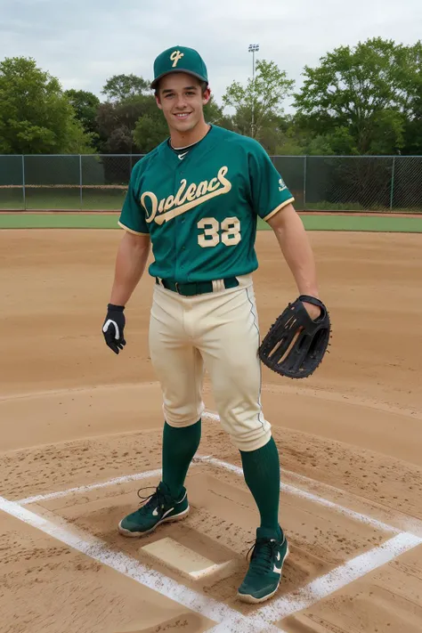 outdoors, ((baseball field)), standing at 2nd base, BradHunter, baseballplayer, baseball uniform, green jersey, (pale gold pants), green socks, black sneakers, green baseball cap, glove, fielding position, smiling, (((full body portrait))), wide angle <lora:Clothing - Sexy Baseball Player:0.6> <lora:BradHunter:0.8>