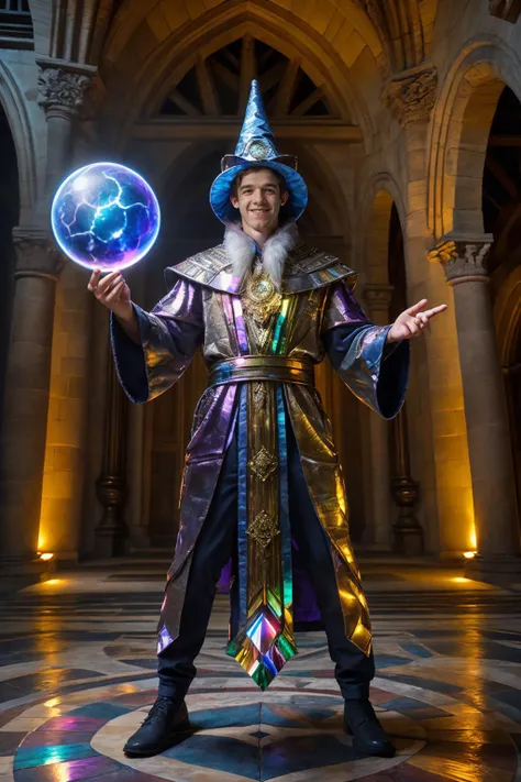 inside a forbidding castle, high ceiling, smiling, ((BradHunter)), bismuth4rmor, bismuth wizard robe, wearing bismuth wizard hat, holding glowing orb, (full body portrait:1.3), wide angle <lora:BradHunter:0.75>  <lora:Clothing - Bismuth Armor:0.5>