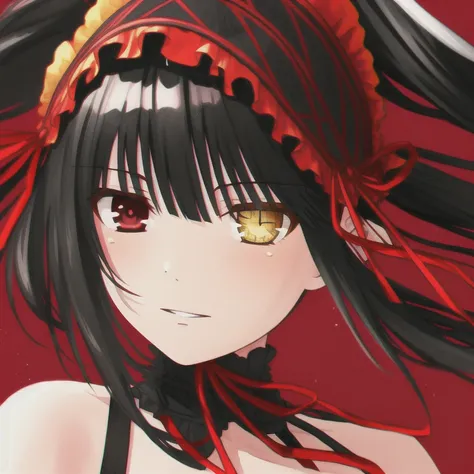 1girl,(solo:1.4),(best quality),highres, extremely detailed CG unity 8k,(a girl with a clock in the left eye and a clock in the left eyeball:1.5),(full body:1.3),date a live,illustration,Figure in the middle, extremely detailed 8K wallpaper, ,(an extremely delicate and beautiful),(floating hair),depth of field, overexposure,((( detailed background))),(beautiful detailed lighting),dynamic angle,  (beautiful detailed eyes),(twintails),(heterochromia:1.1),(red eyes),(yellow eyes),black hair,haped pupils,(clock eyes:1.5),uneven twintails,Starry sky adorns hair, (lots_of_big_colorful_Bubble), [pearl], [Galaxy],(watercolor),  ((disheveled hair)),cinematic lighting, detailed wet clothes, blank stare, overexplosure, floating, blunt bangs, frills, bowties, ((expressionless)), extremely beautiful detailed water, (red background:1.3), swirl,