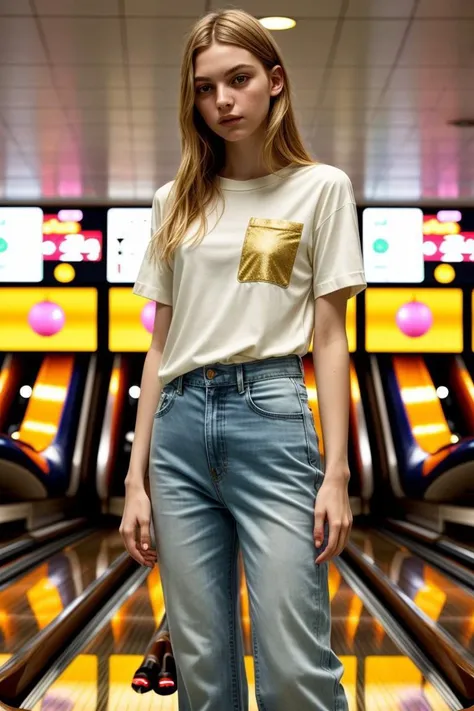 a woman in ((t-shirt blanca holgda)) and jeans standing in front of a slot machine The blonde bombshell captivates with a retro-inspired look. A tall guy, acid wash denim skirt that hugs your curves, ((loose white t-shirt, short sleeve t-shirt)), muscles, fit girl, slender girl, that accentuates your radiant glow. The sunlit waves of her golden hair frame her captivating ocean blue eyes.., while bold, Oversized sunglasses add a touch of vintage style. Posing in a neon-lit arcade, UHD resolution captures the vibrant details of this 68K retro masterpiece showing off big breasts.