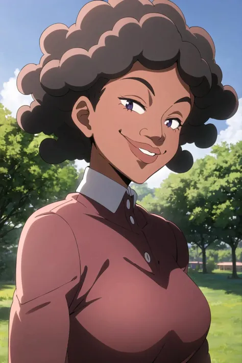 krone, neverland, 1girl, (solo), upper body, (evil smile), nature, tree, sky, looking at viewer, smile, shirt, black hair, dark skin, parody, dark-skinned, curly hair, anime style, afro, <lora:Krone:0.7>