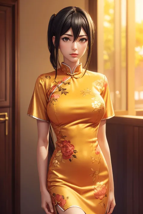 (ultra realistic,32k, masterpiece:1.2),(high detailed skin:1.1), 8k uhd, dslr, high quality, (thick\lips\),
<lora:RyoukoKusakabe:0.8>RyoukoKusakabe, ponytailm black hair, Mellow apricot <lora:ChinaDressStyle1_Remake:0.5>short china dress,floral print, , <lora:add_detail:0.75>, huge breast,
(looking at viewer, portrait:1.1),,
,(golden hour:1.1), blank background