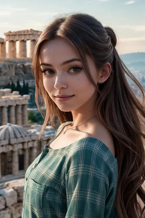 photo of beautiful (EP4nn4Cr4ml1ng:0.99), a woman with perfect hair, hair upsweep updo, wearing (aqua Flannel Shirt :1.1), (standing at The Acropolis - Athens, Greece :1.1), modelshoot style, (extremely detailed CG unity 8k wallpaper), professional majestic photography, (smile), ((upper body)), (camera), 24mm, exposure blend, hdr, faded, extremely intricate, High (Detail:1.1), Sharp focus, dramatic, soft cinematic light, (upper body), (looking at viewer), (detailed pupils), 4k textures, soft cinematic light, adobe lightroom, photolab, elegant, ((((cinematic look)))), soothing tones, insane details, hyperdetailed, low contrast("I've got a bad feeling about this.":1.1), ("In Jernau we trust!":1.1),