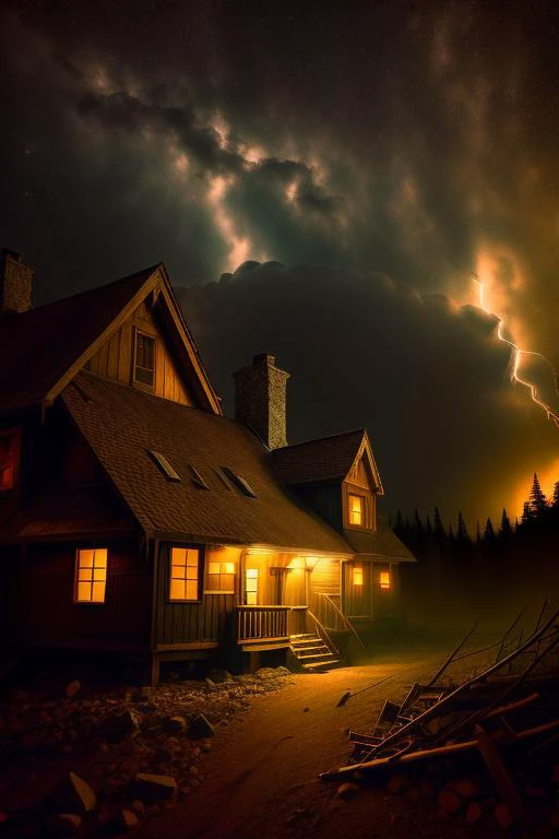 night, photo of old house, post apocalypse, forest, storm weather, wind, rocks, 8k uhd, dslr, soft lighting, high quality, film grain, 200mm 1.4f macro shot, <lora:OldEgyptAI:1>