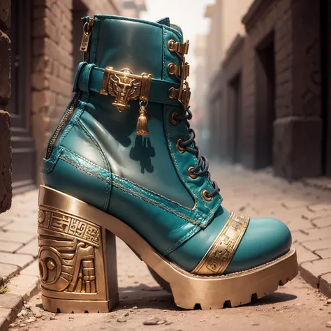 (OldEgyptAI:0.8) : high heels, biker boots. product photo, design concept, intricate ; <lora:oldegyptai_v10:0.4> hieroglyphs! gold! turquoise!