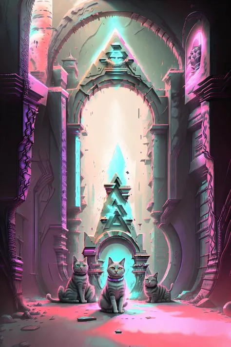 sketch of a small OldEgyptAI obelisk seen through a futuristic passage, ((back and white cat in foreground)), rzp4ss4ge, fantasy, dark, dramatic lighting<lora:oldegyptai_v10:.8> <lora:rzPassage1521_1510:1> <lora:darkFantasy_v11:.4> purple, teal, orange