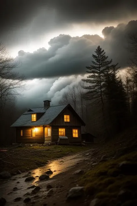 night, photo of old house, post apocalypse, forest, storm weather, wind, rocks, 8k uhd, dslr, soft lighting, high quality, film grain, 200mm 1.4f macro shot
