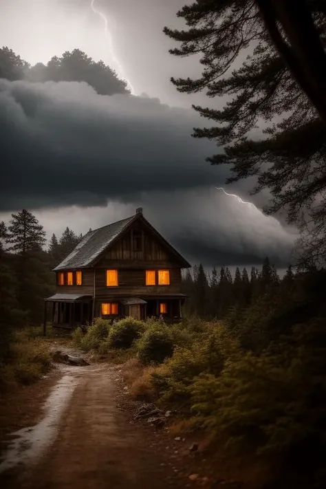 night, photo of old house, post apocalypse, forest, storm weather, wind, rocks, 8k uhd, dslr, soft lighting, high quality, film grain, 200mm 1.4f macro shot