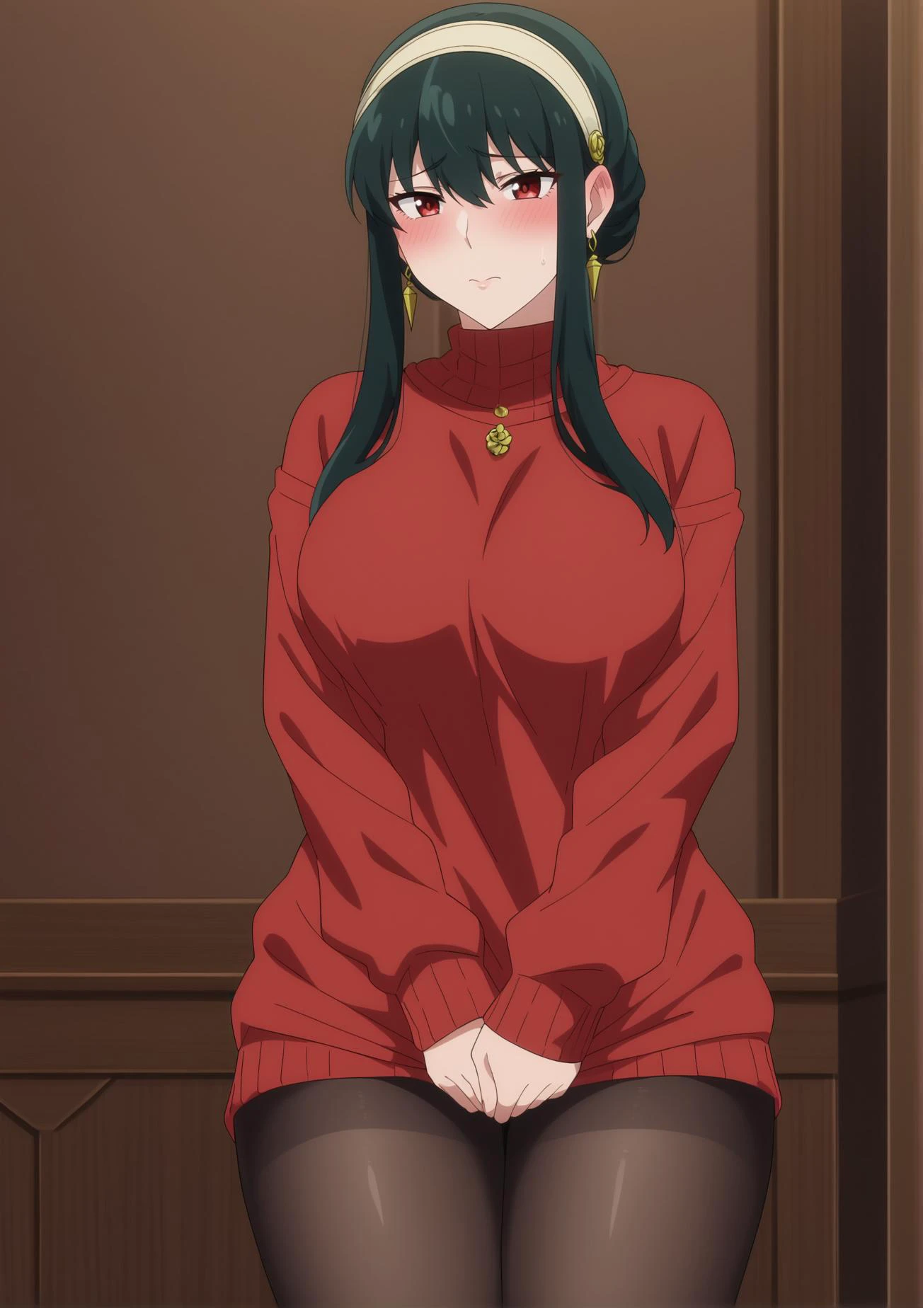 score_4, score_5, score_6, score_9, score_8_up, score_7_up, source_anime, 1girl, blush, red sweater, pantyhose, embarrassed, thick thighs, yor briar<lora:anime_screencap:1>, fine anime screencap_xl, anime_screencap, indoors, curvy, large breasts, lifting shirt, straight-on, standing,