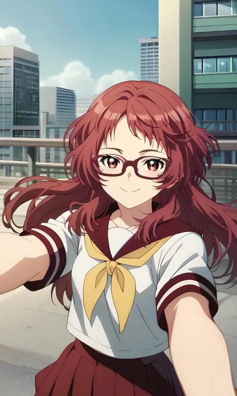 score_9, score_8_up, score_7_up, source_anime, zPDXL2, 1girl, <lora:ai_mie:1>, miewz, red eyes, glasses, red hair, long hair, serafuku, sailor collar, yellow neckerchief, white shirt, school uniform, red skirt, pleated skirt, black socks, pov, selfie, smile, city, building, tokyo \(city\), looking at viewer,  wind, <lora:Fine_Anime_Screencap-ponyV1:1> fine anime screencap_xl, anime_screencap<lora:sd_xl_dpo_lora_v1:1>