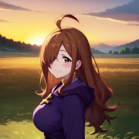 score_9, score_8_up, score_7_up, BREAK, source_anime,1girl,  field, sunset, solo focus,  smile, blush, standing, (from side),  looking at viewer, large breasts,  <lora:Wiz_Konosuba:1> wizshadow, ahoge, hair over one eye,  cross, hood,  jewelry, long sleeves, purple dress, purple robe,<lora:anime_screencap:1> fine anime screencap_xl, anime screencap,  <lora:add-detail-xl:1>