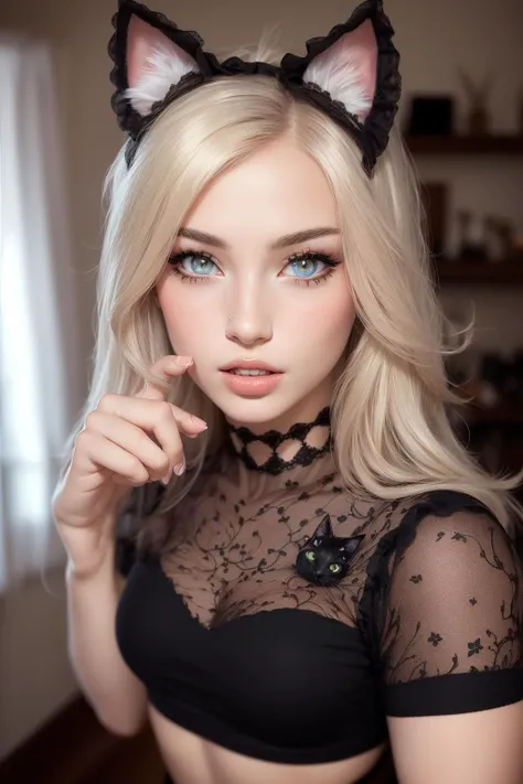 <lora:egirl:1>, egirl, high quality fingers, normal hands, detailed fingers,masterpiece, (realistic, photo-realistic:1.37), medium breast, small waist, beautiful face, perfect illumination, beautiful detailed eyes,looking at viewer, stunningly beautiful woman, detailed hairstyle, egirl in gamergirl room, (black Cutout skirt), choker, cat ears, (crop top)